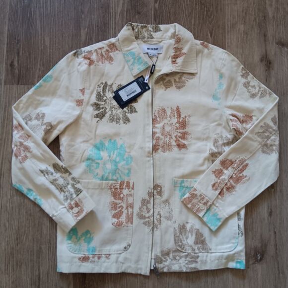 Denim Coat Jacket Women Medium Organic Cotton Zip Front Pockets Cream Floral NWT - Picture 1 of 15